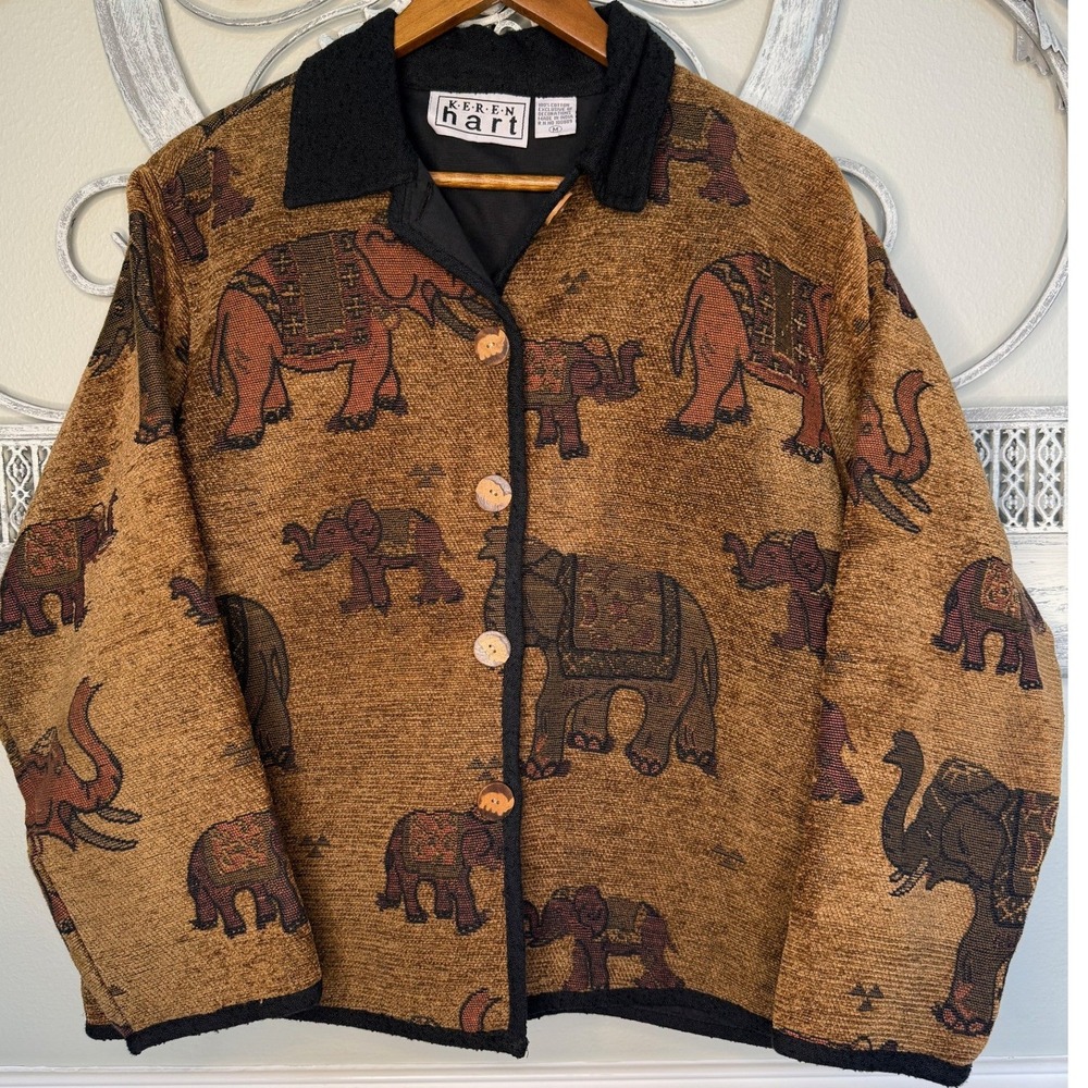 Vintage Keren Hart 90s Elephant Tapestry Jacket Brown Cotton Woven Size M EUC